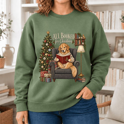 All Booked For Christmas Sweatshirt | Christmas Reader Gift Military Green