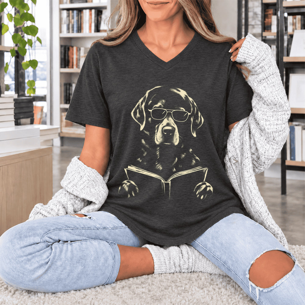 Labrador Retriever Reading Book Ultra-Soft V-Neck | Dog Mom Reader Gift Dark Grey Heather
