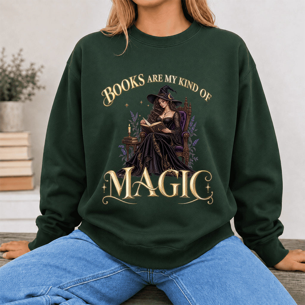 Books Are My Kind Of Magic Crewneck Sweatshirt | Halloween Literary Fantasy Book Lover Gift Forest Green