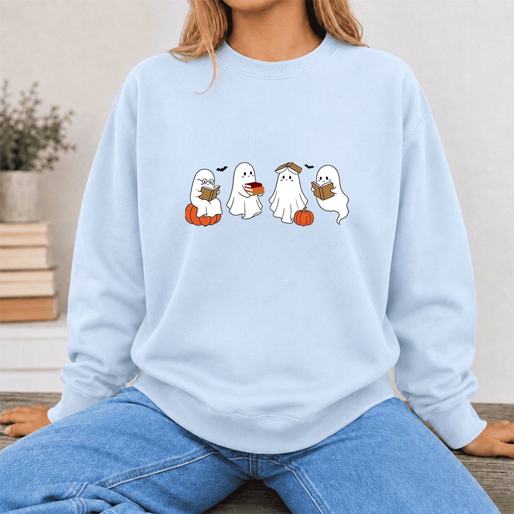 Halloween Ghosts Reading Printed Sweatshirt | Spooky Book Lover Gift Light Blue