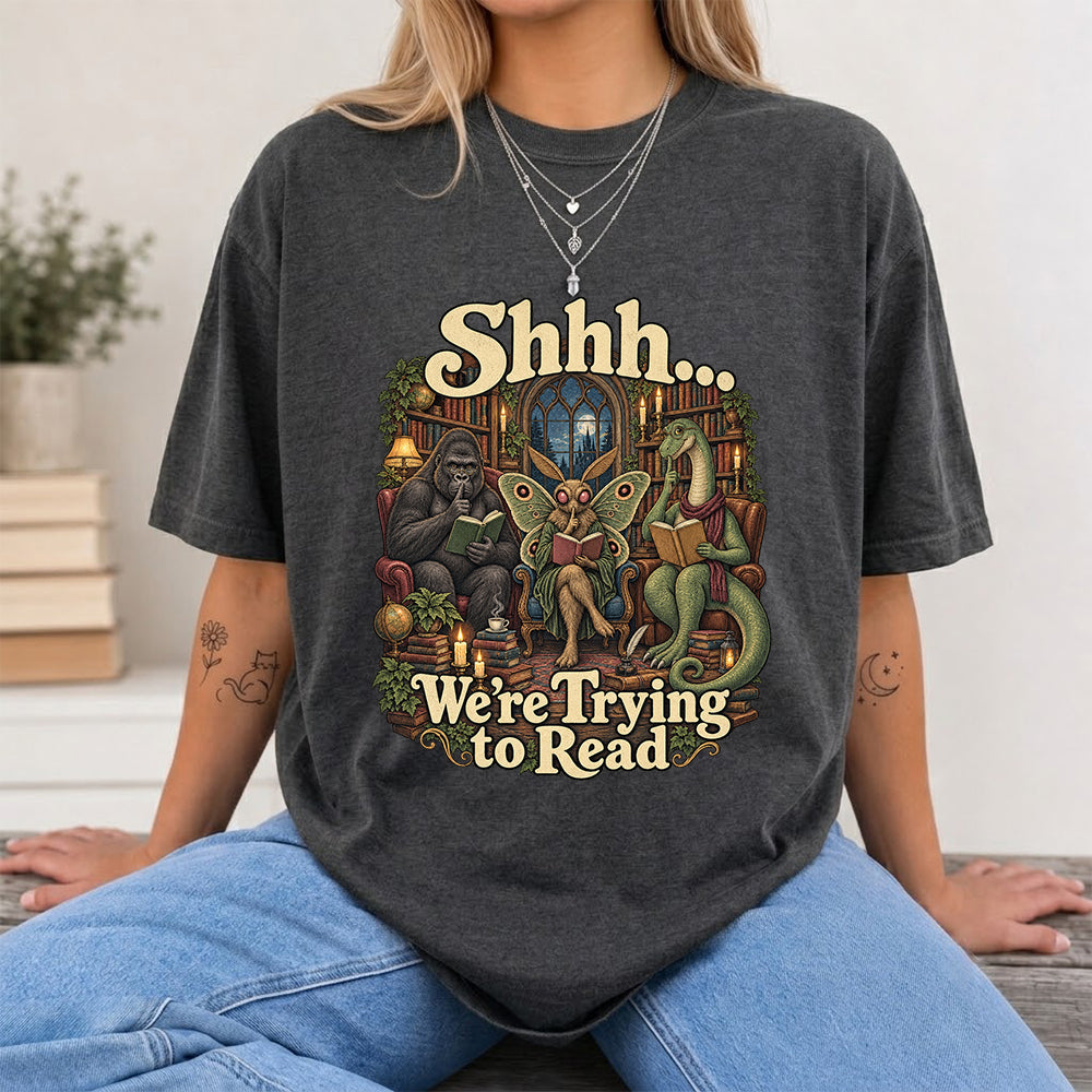 Shh... We Trying To Read Cotton T-Shirt | Midnight Reader Gift Dark Heather
