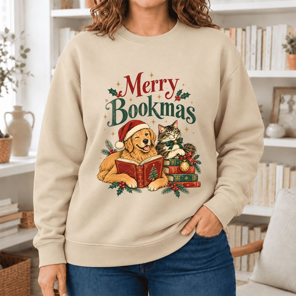 Merry Bookmas Softstyle Sweatshirt | Christmas Book Lover Gift Sand