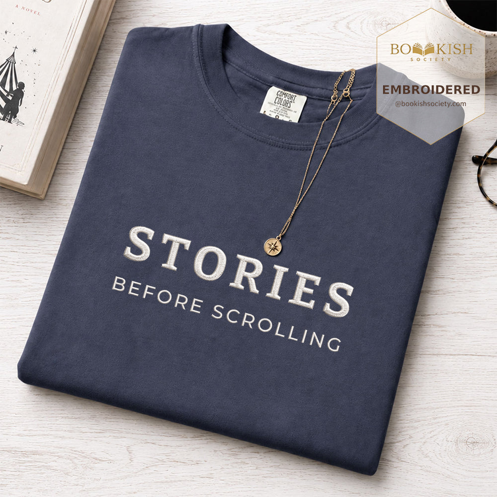 Embroidered Stories Before Scrolling Comfort Color® T-shirt Book Lover Gift Denim