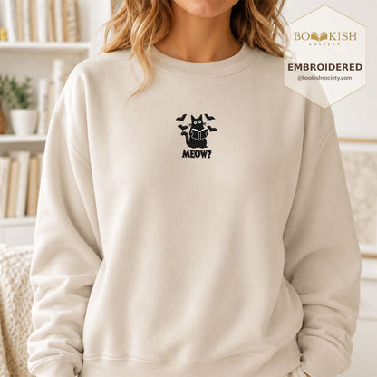 Halloween Meow Embroidered Sweatshirt | Spooky Book Lover Gift Sand