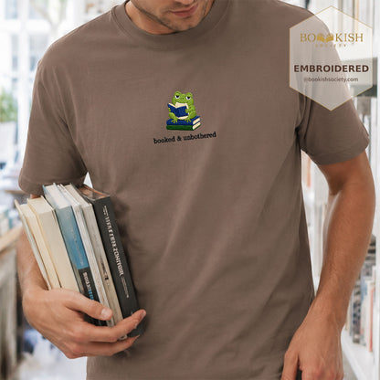 Booked and Unbothered Embroidered Comfort Color® T-shirt | Book Lover Gift Espresso