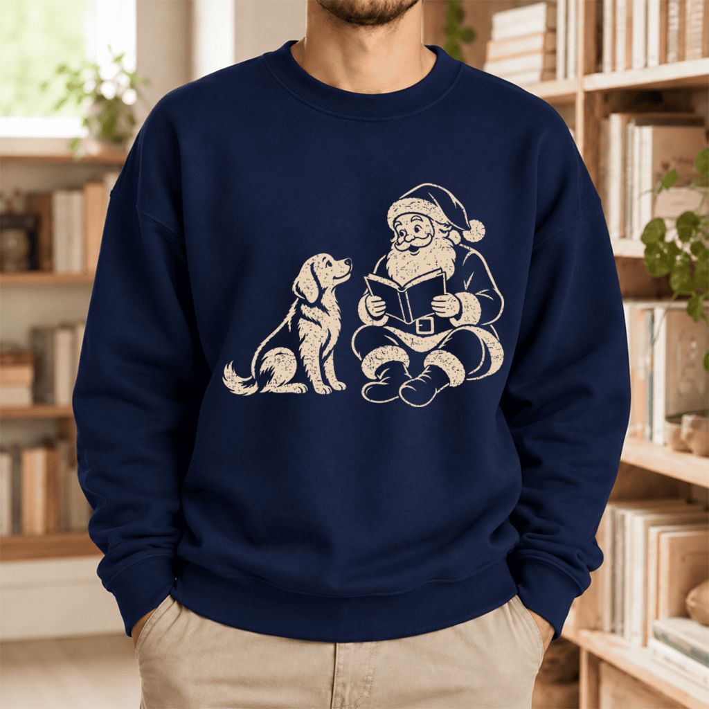 Funny Dog With Reading Santa Softstyle Sweatshirt | Christmas Book Lover Gift Navy