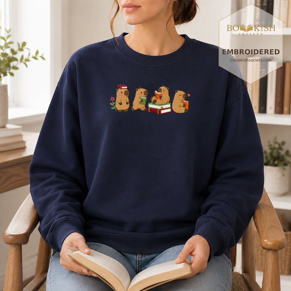 Reading Capybaras Embroidered Sweatshirt | Reader Gift Navy