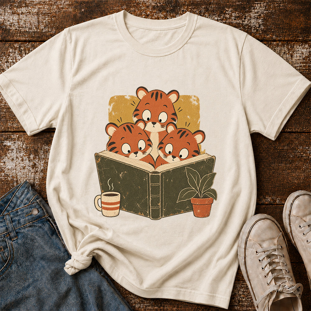 Minimal Japanese Tigers Reading Softstyle T-Shirt | Book Lover Gift Natural