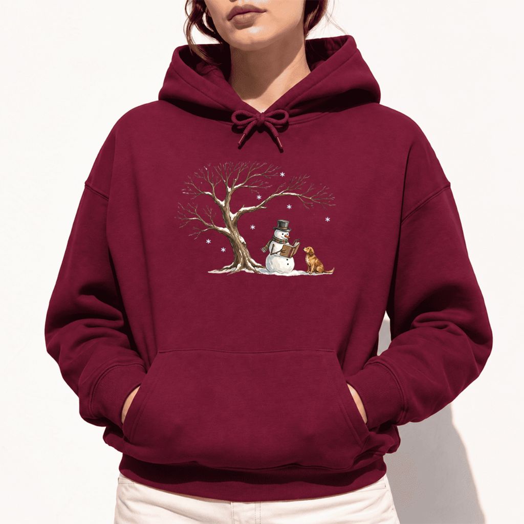 Golden Retriever And Snowman Under Tree Softstyle Hoodie | Christmas Reader Gift Maroon