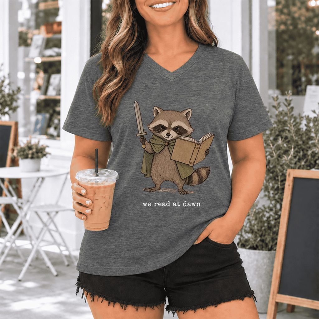 We Read At Dawn Funny Racoon Ultra-Soft V-Neck | Cozy Book Lover Gift Deep Heather