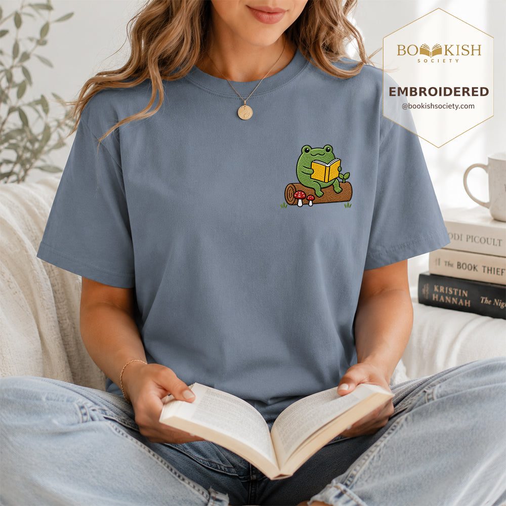 Embroidered Frog on Log Reading Book Comfort Color® T-shirt Book Lover Gift Blue Jean