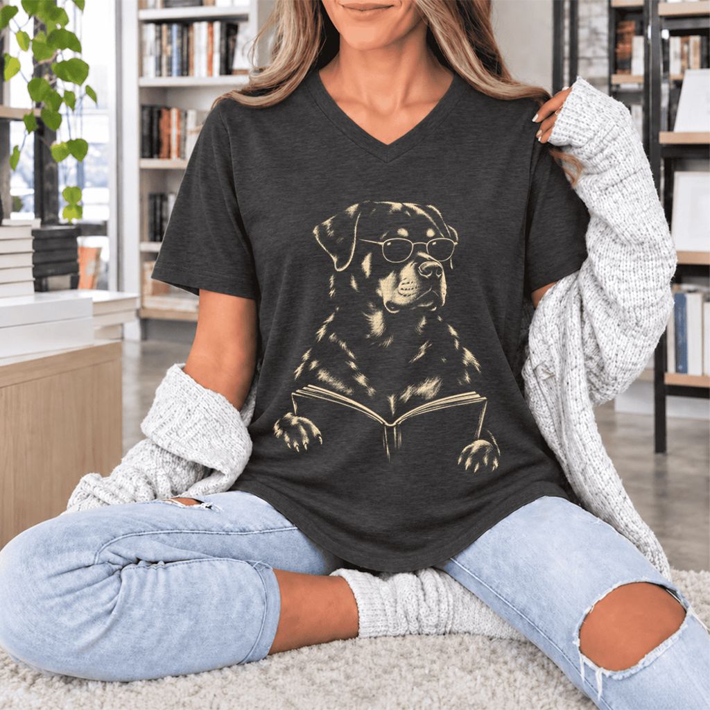 Rottweiler Reading Book Ultra-Soft V-Neck | Dog Mom Reader Gift Dark Grey Heather
