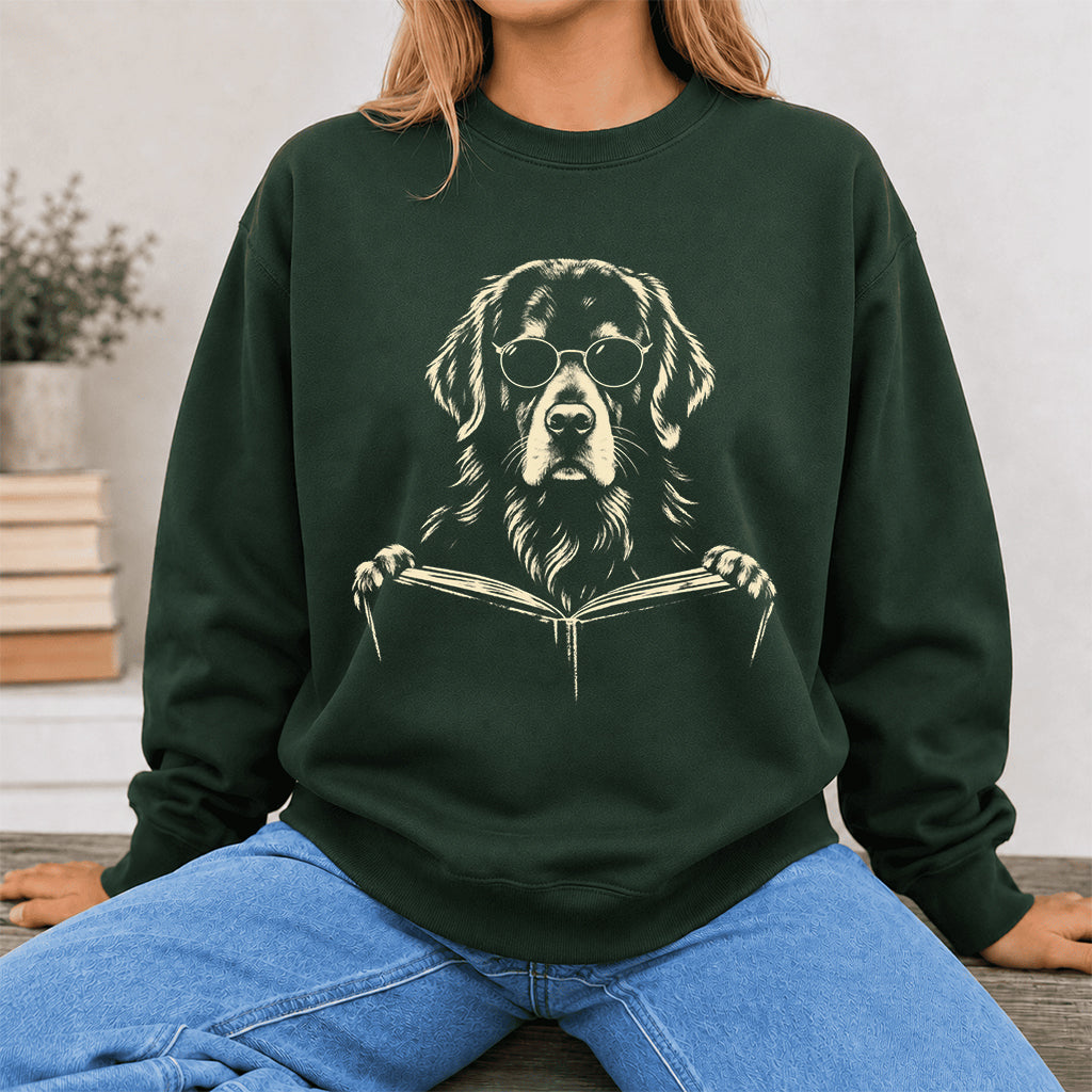 Golden Retriever Reading Book Crewneck Sweatshirt | Reader Gift Forest Green