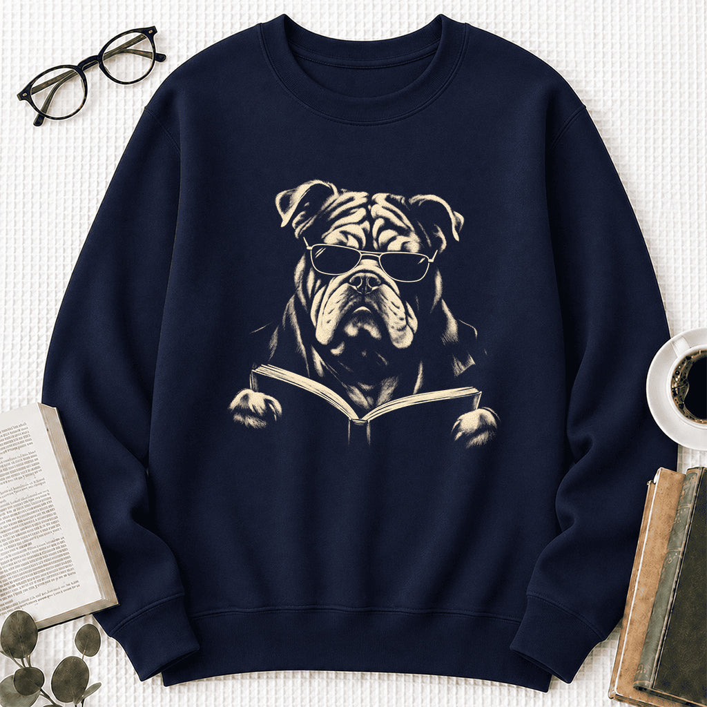 Bulldog Reading Book Crewneck Sweatshirt | Reader Gift Navy