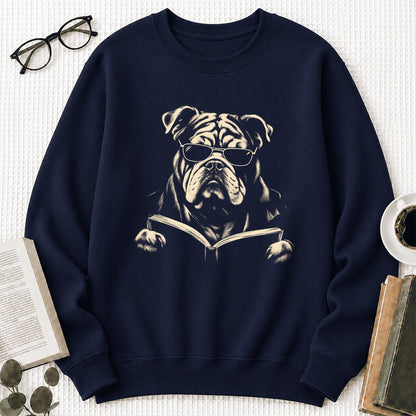 Bulldog Reading Book Crewneck Sweatshirt | Reader Gift Navy