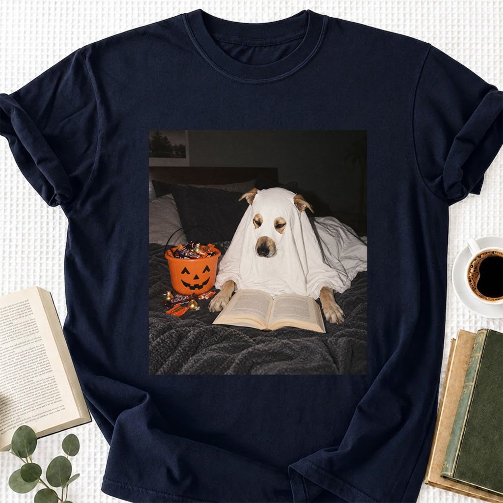 Cute Reading Ghost Dog Printed T-Shirt | Halloween Book Lover Gift Navy