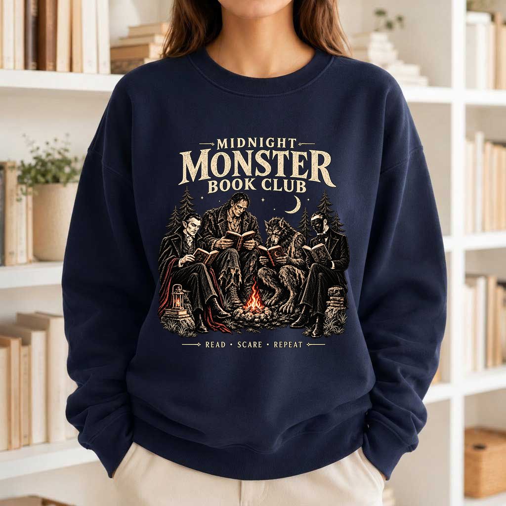 Midnight Monster Book Club Printed Sweatshirt | Halloween Book Lover Gift Navy