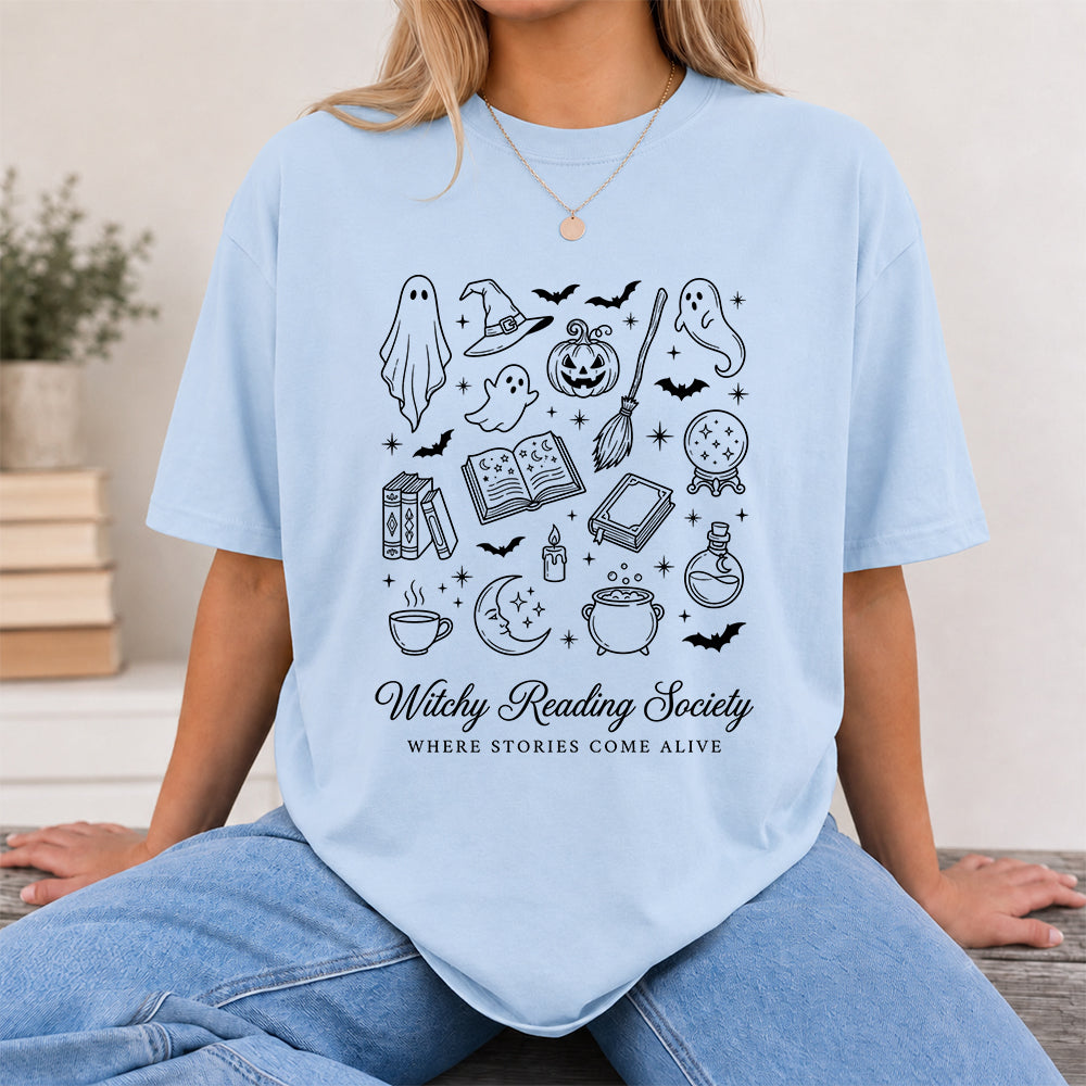Witchy Reading Society Printed T-Shirt | Halloween Reader Gift Light Blue