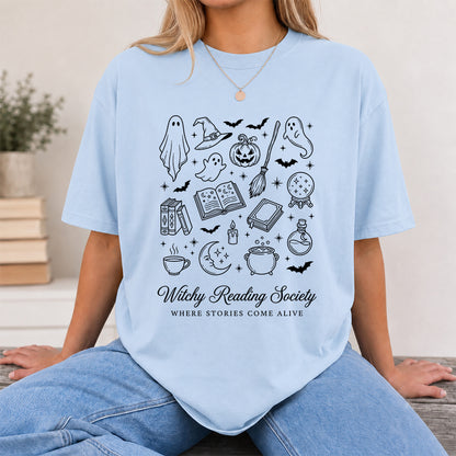 Witchy Reading Society Printed T-Shirt | Halloween Reader Gift Light Blue