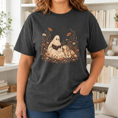 Ghost Wildflowers With Book And Golden Retriever Printed T-Shirt | Halloween Dog Lover Gift Dark Heather