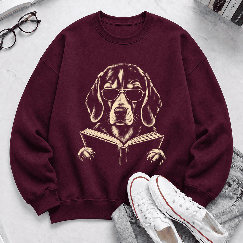 Beagle Reading Book Crewneck Sweatshirt | Reader Gift Maroon