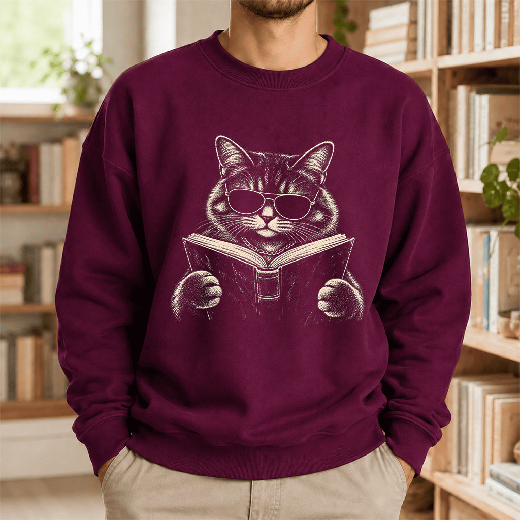 Cat Reading Book Crewneck Sweatshirt | Reader Gift Maroon