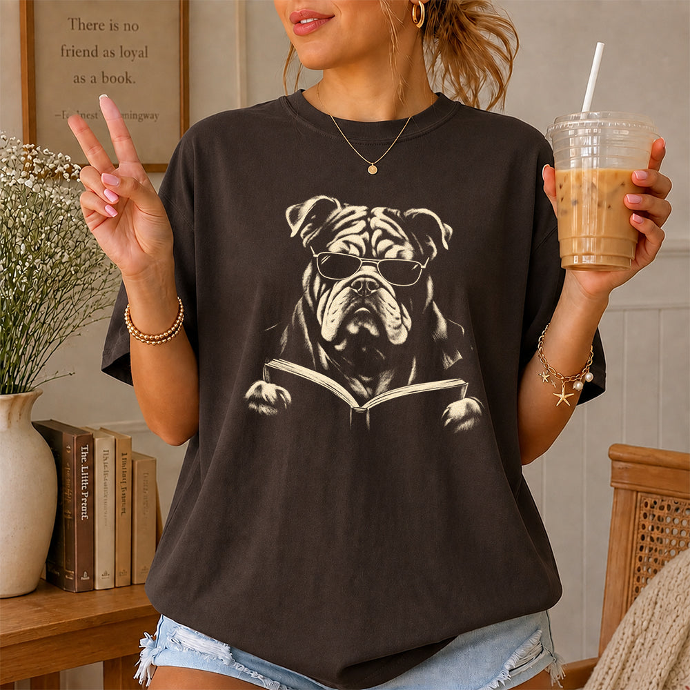 Bulldog Reading Book Softstyle T-Shirt | Book Lover Gift Dark Chocolate