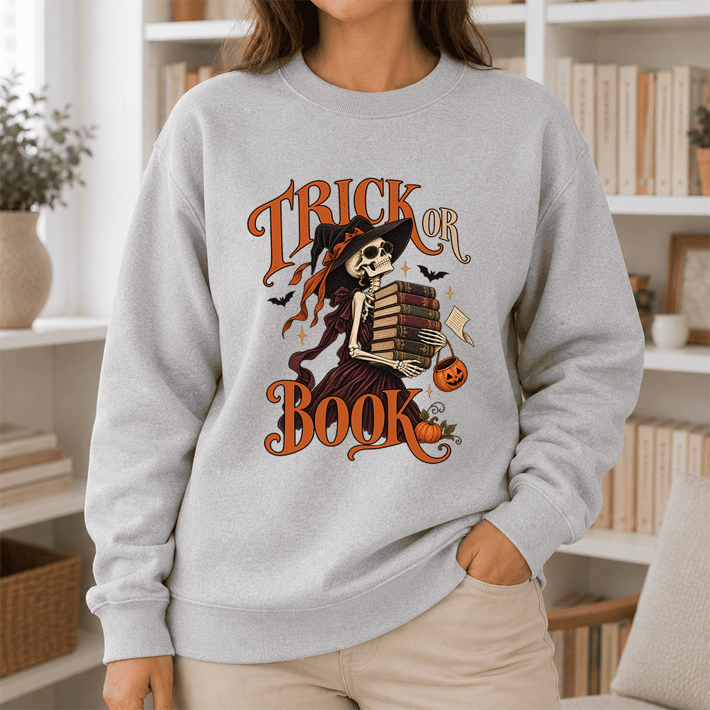 Trick Or Book Printed Sweatshirt | Halloween Book Lover Gift Sport Grey