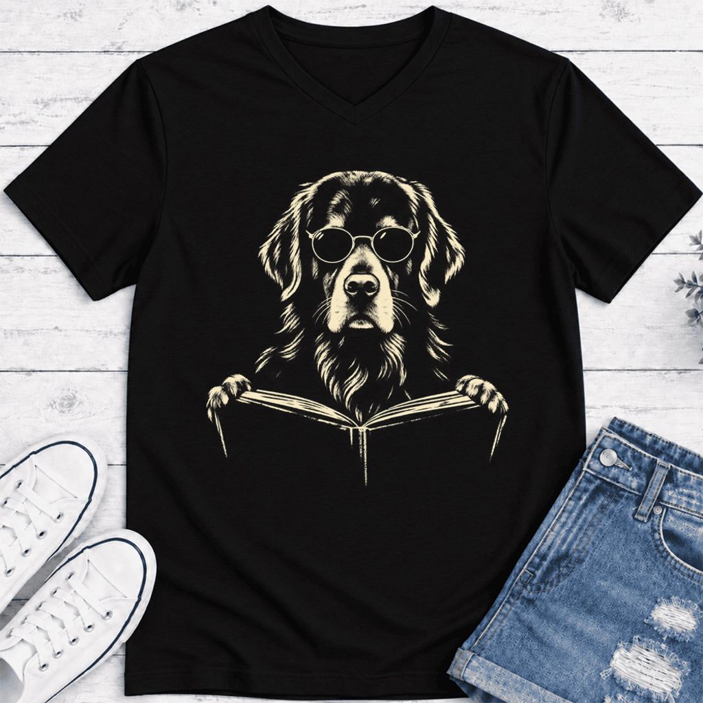 Golden Retriever Reading Book Ultra-Soft V-Neck | Dog Mom Reader Gift Black