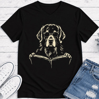 Golden Retriever Reading Book Ultra-Soft V-Neck | Dog Mom Reader Gift Black
