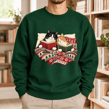 Christmas Reading Cat Couple Softstyle Sweatshirt | Cozy Christmas Gift Forest Green