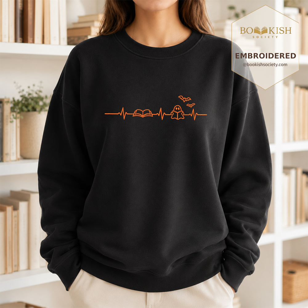 Reading Heartbeat Embroidered Sweatshirt | Spooky Halloween Book Lover Gift Black