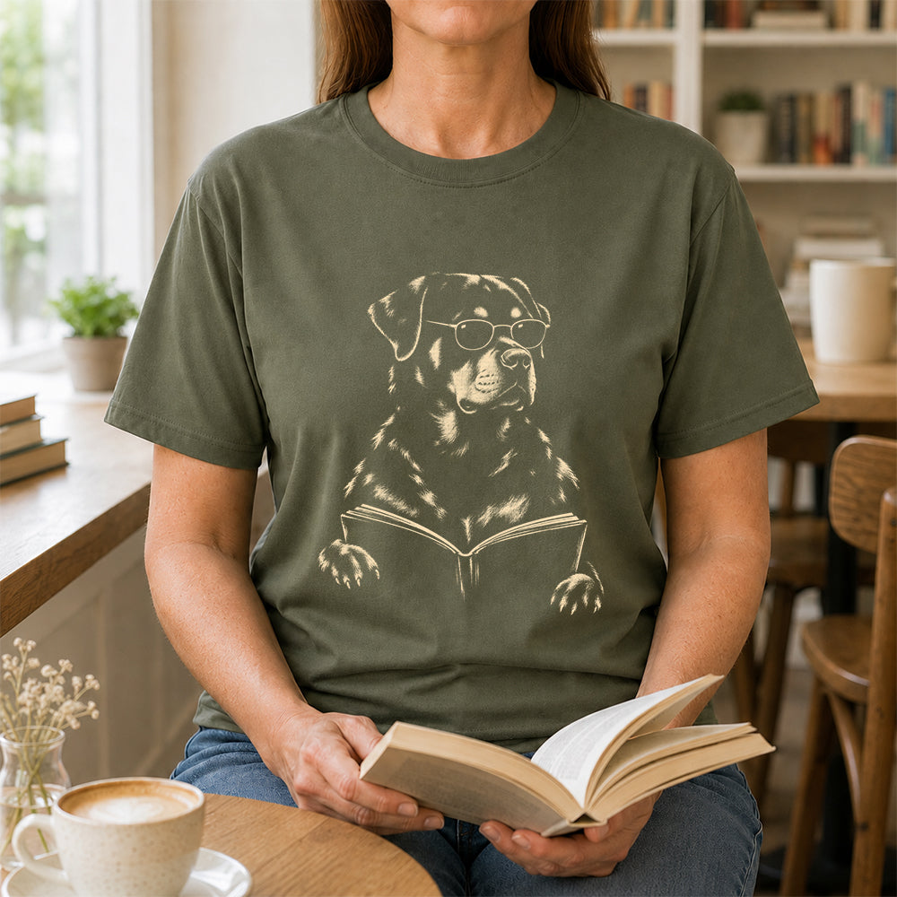 Rottweiler Reading Book Softstyle T-Shirt | Book Lover Gift Military Green