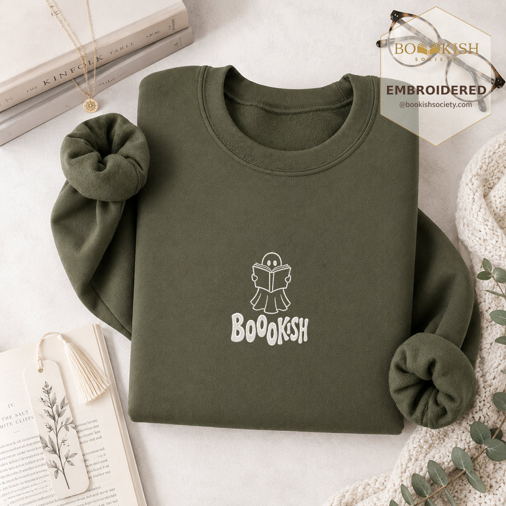 Bookish Ghost Embroidered Sweatshirt | Halloween Book Lover Gift Military Green