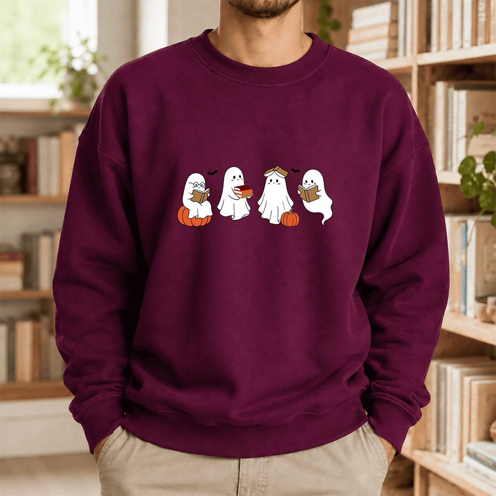 Halloween Ghosts Reading Printed Sweatshirt | Spooky Book Lover Gift Maroon