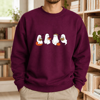 Halloween Ghosts Reading Printed Sweatshirt | Spooky Book Lover Gift Maroon