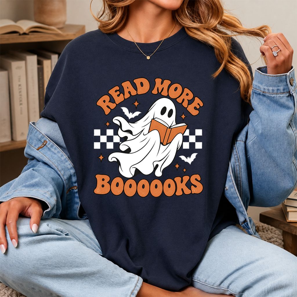 Read More Books Flying Ghost Printed T-Shirt | Halloween Book Lover Gift Navy