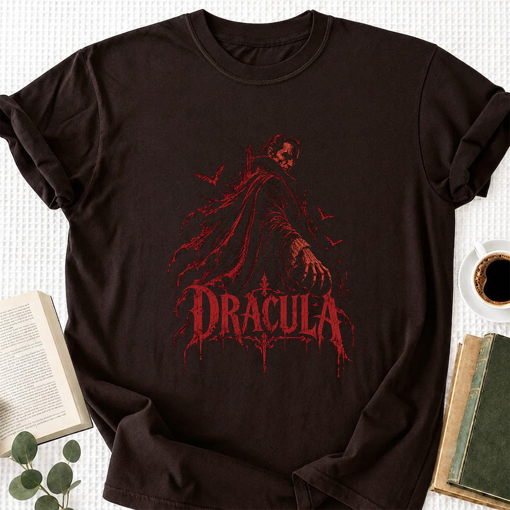 Dracula Printed T-Shirt | Halloween Horror Book Lover Gift Dark Chocolate