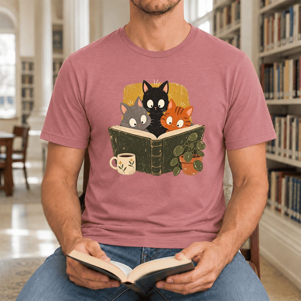 Curious Reading Cats Ultra-Soft Cotton T-Shirt | Cat Lover Reader Gift Mauve