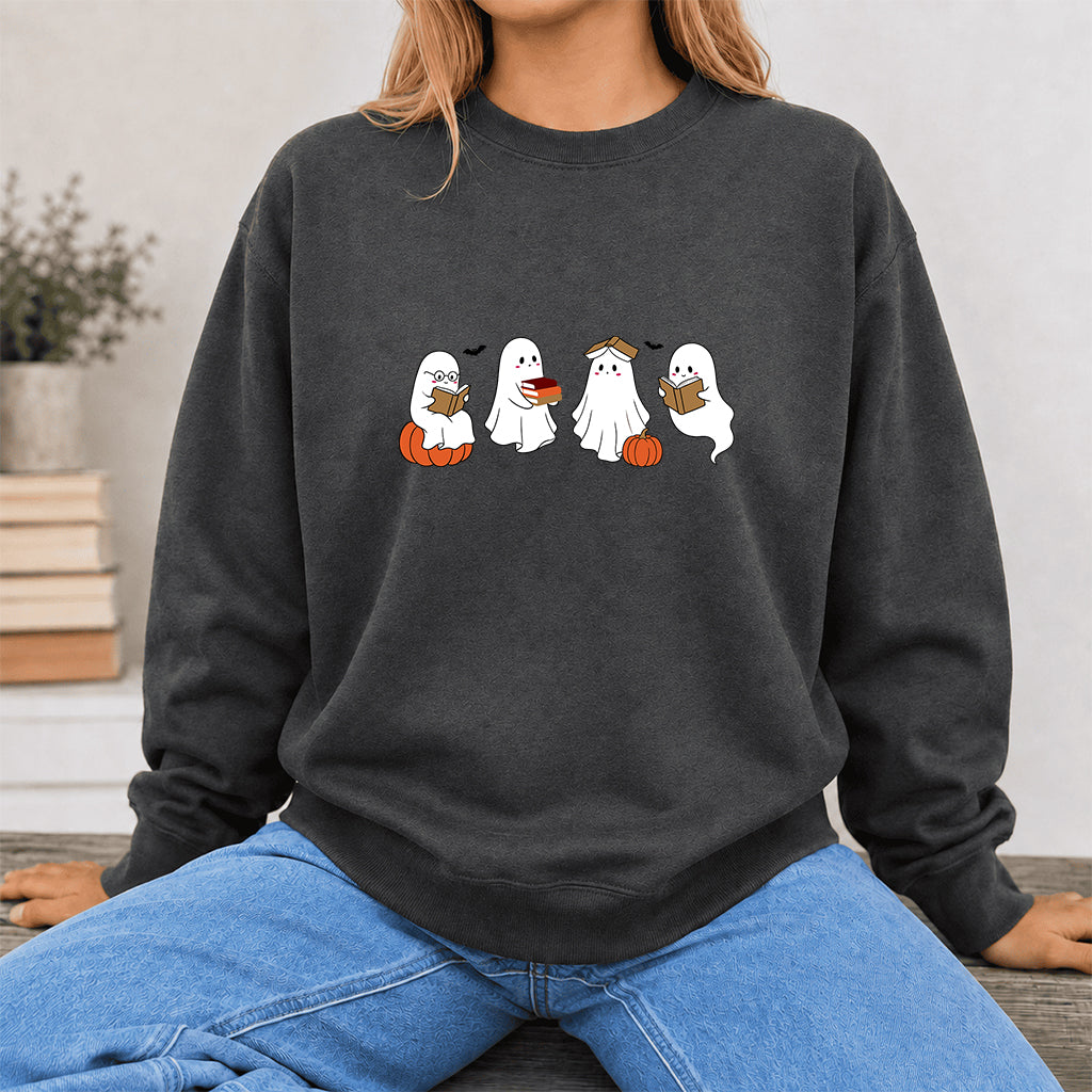Halloween Ghosts Reading Printed Sweatshirt | Spooky Book Lover Gift Dark Heather