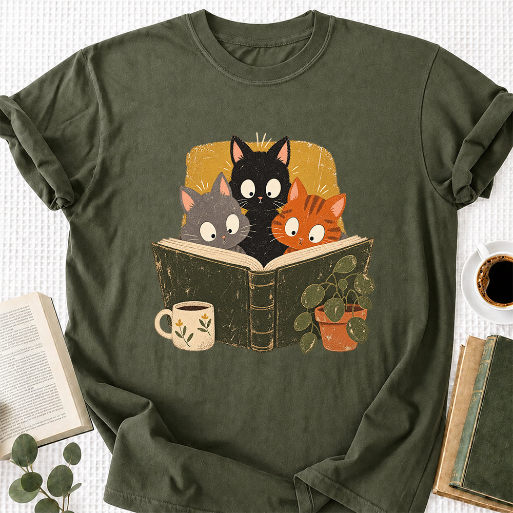 Minimal Japanese Cats Reading Softstyle T-Shirt | Book Lover Gift Military Green