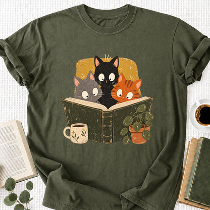 Minimal Japanese Cats Reading Softstyle T-Shirt | Book Lover Gift Military Green