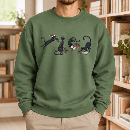 Christmas Reading Cats Softstyle Sweatshirt | Christmas Book Lover Gift Military Green