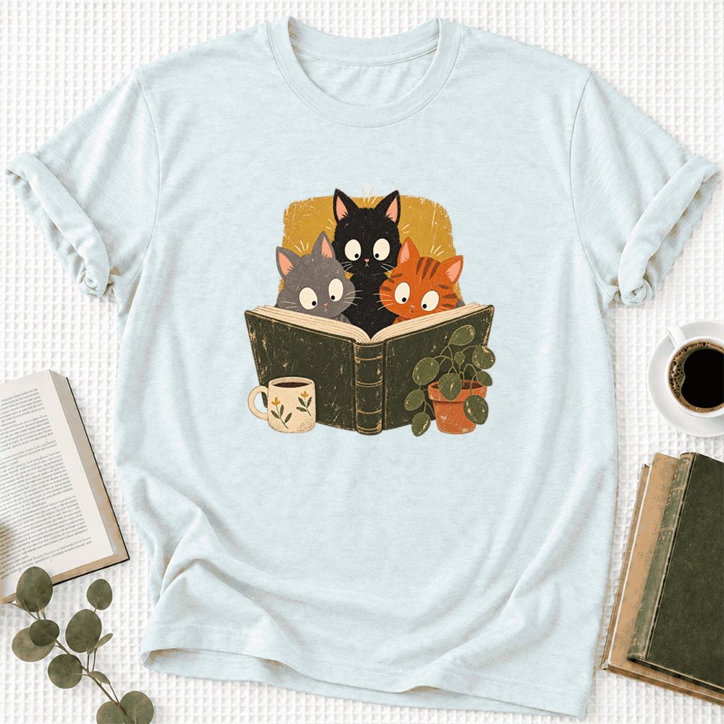 Curious Reading Cats Ultra-Soft Cotton T-Shirt | Cat Lover Reader Gift Heather Ice Blue