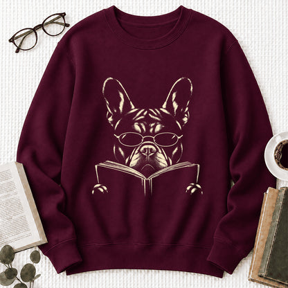 French Bulldog Reading Book Crewneck Sweatshirt | Reader Gift Maroon