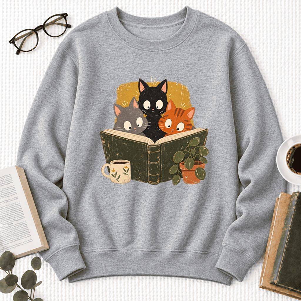 Curious Reading Cats Softstyle Sweatshirt | Cozy Book Lover Gift Sport Grey