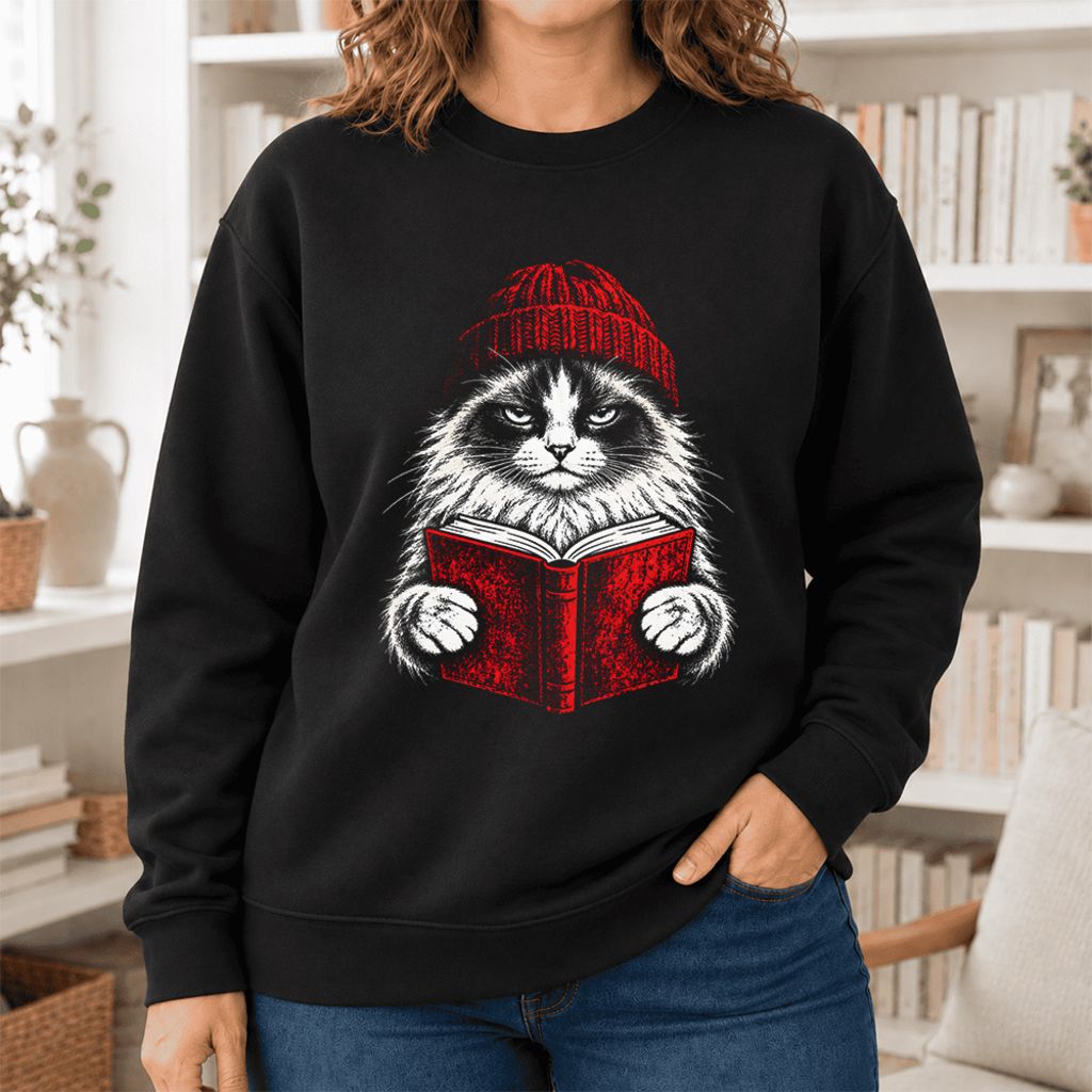 Vintage Reading Cat Ragdoll Softstyle Sweatshirt | Christmas Reader Gift Black