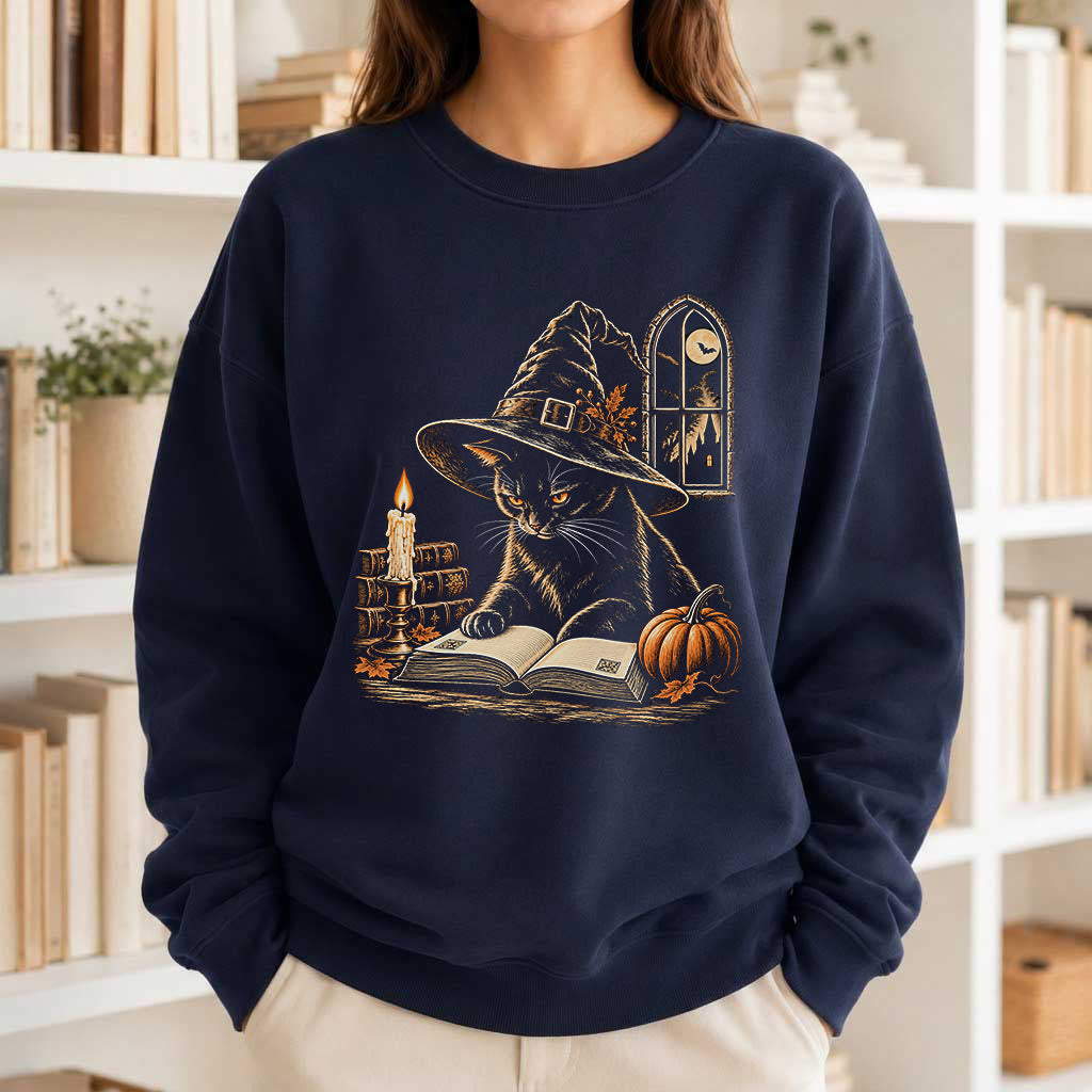 Reading Black Cat Witch Printed Sweatshirt | Halloween Book Lover Gift Navy