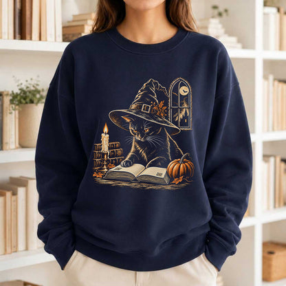 Reading Black Cat Witch Printed Sweatshirt | Halloween Book Lover Gift Navy