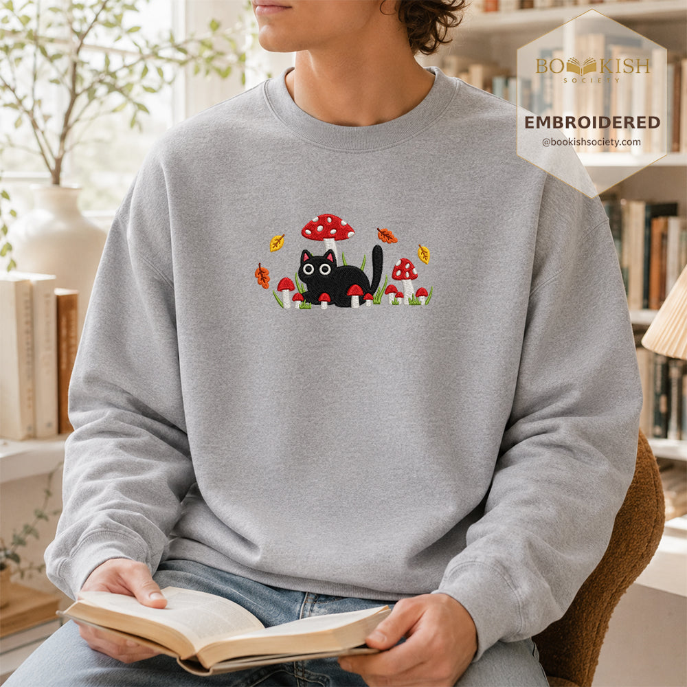 Mushroom Cat Embroidered Sweatshirt | Reader Gift Sport Grey